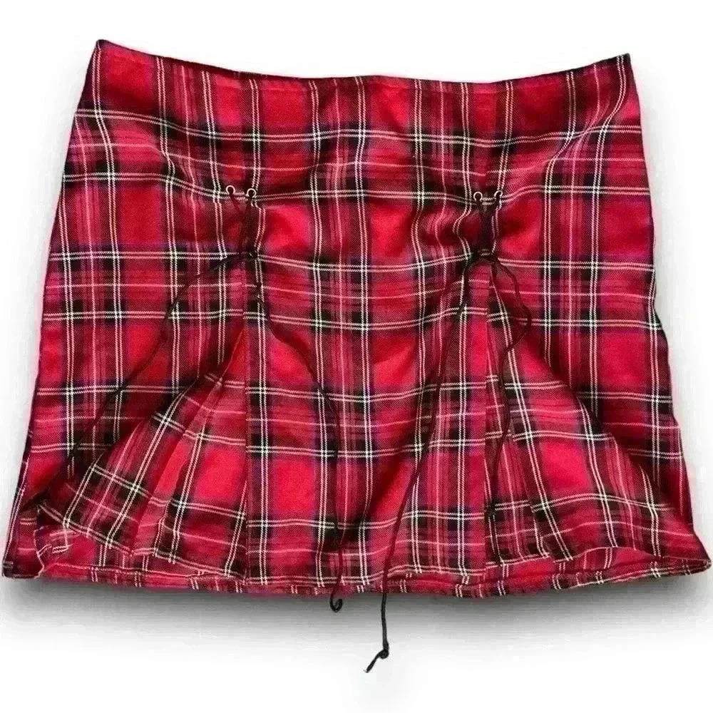 Vintage Deadstock Red & Black Plaid Mini Skirt Lace Up Pleated 11 USA‎ Y2K Punk